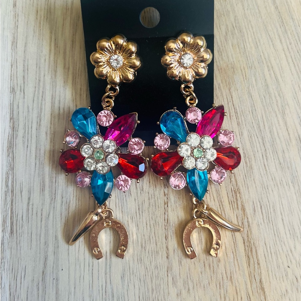 NEW Floral Gemstone Drop Earrings with Horseshoe Charm✨
